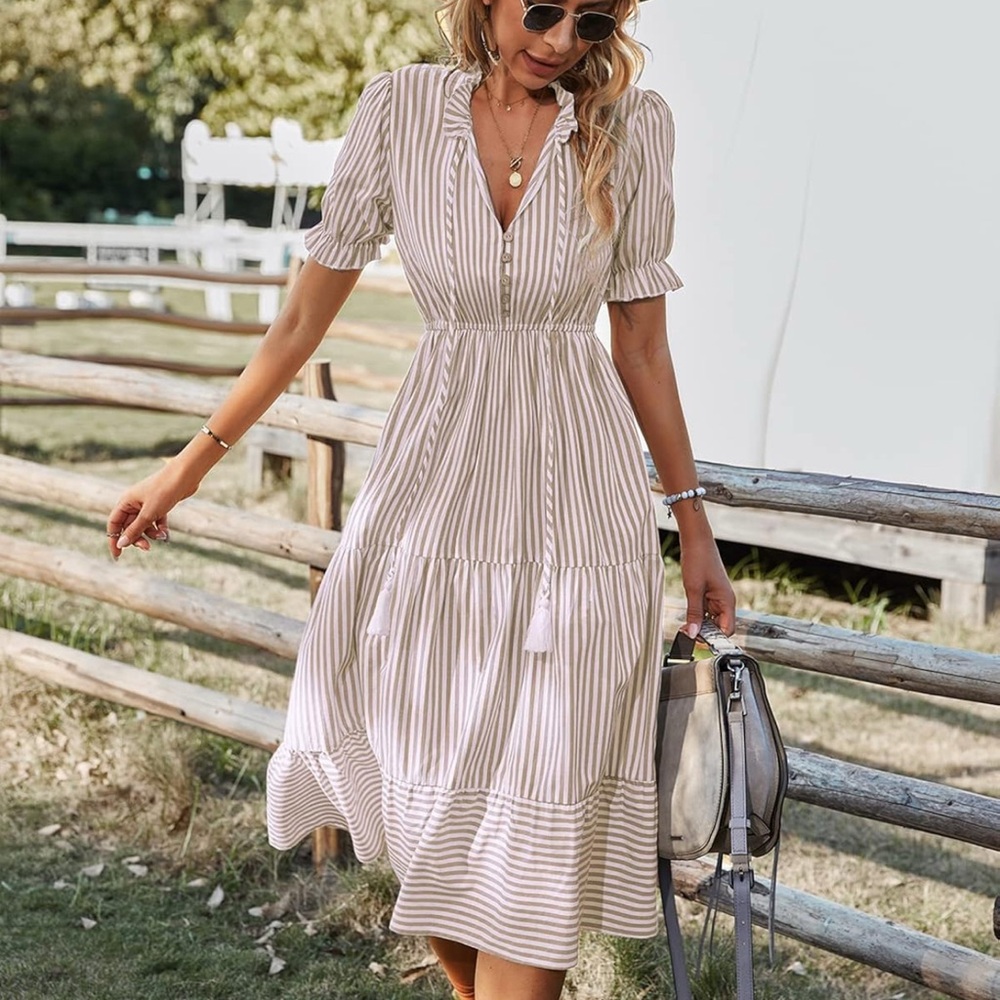 Cream & Beige Striped Midi Dress | Puff Sleeve Button Front | Size M